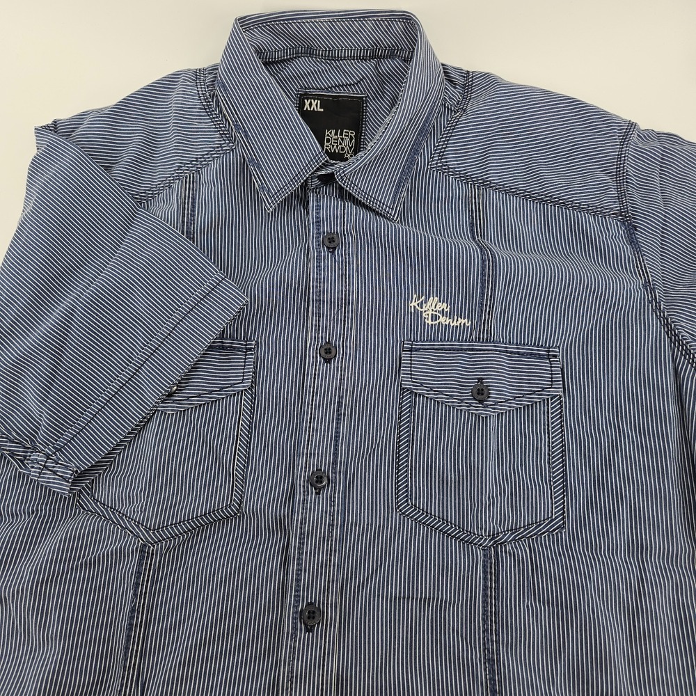 Killer Jeans Denim Shirt Mens XXL Blue‎ White Pinstripe Western SS Button Up